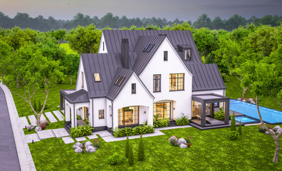Obraz premium 3d rendering of cute cozy white and black modern Tudor style house with parking and pool for sale or rent with beautiful landscaping. Fairy roofs. Clear summer evening with cozy light from window