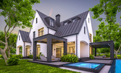 3d rendering of cute cozy white and black modern Tudor style house with parking  and pool for sale or rent with beautiful landscaping. Fairy roofs. Clear summer evening with cozy light from window