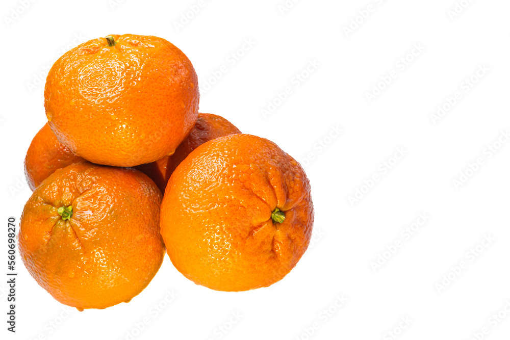 Poster stack of tangerine or mandarin fruits isolated on white background with copy space. close up.