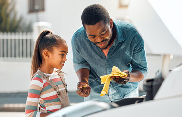 Oil change, father and child learning about car for mechanic repair of family vehicle outdoor. Black man teaching daughter while bonding and working on engine for transport, safety and insurance - Powered by Adobe