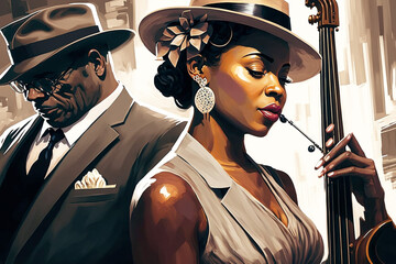 Ai generated illustration of a retro jazz scene with a cool black women in the foreground and a brown suited black man to the rear.