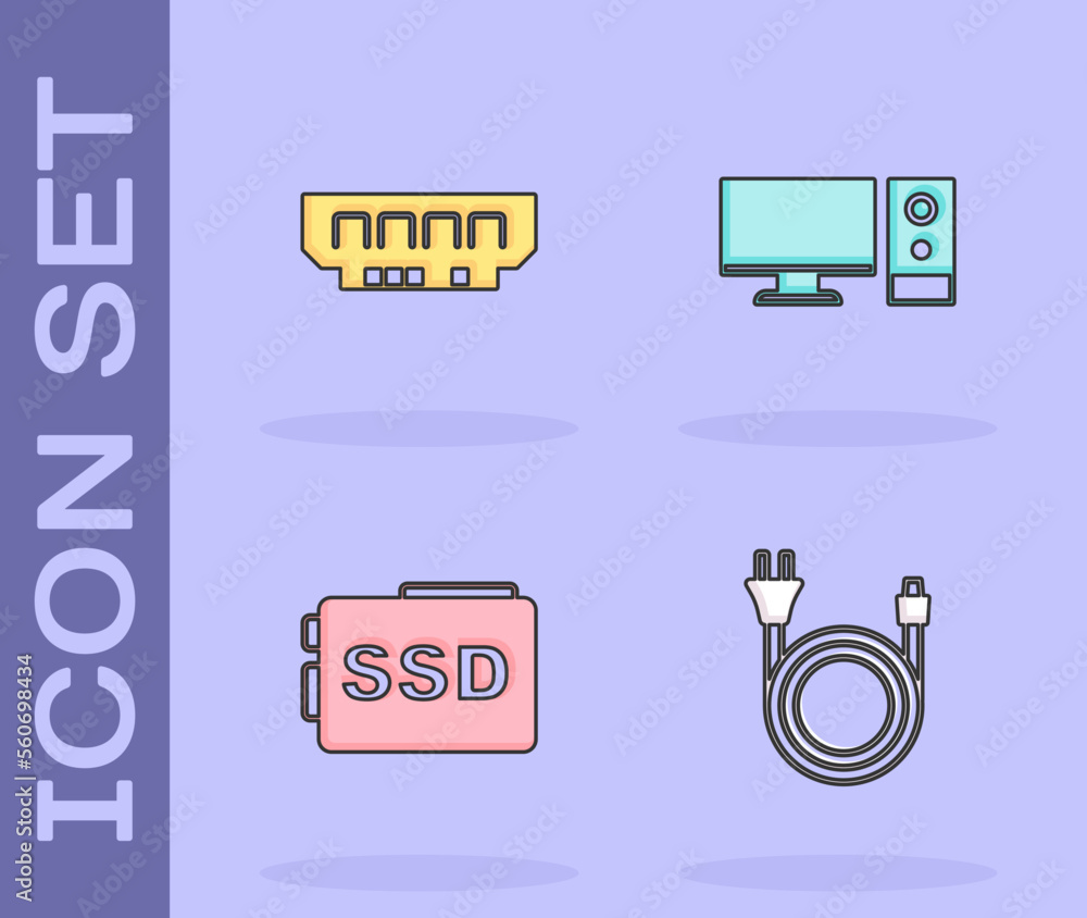 Poster set electric plug, ram, random access memory, ssd card and computer monitor icon. vector