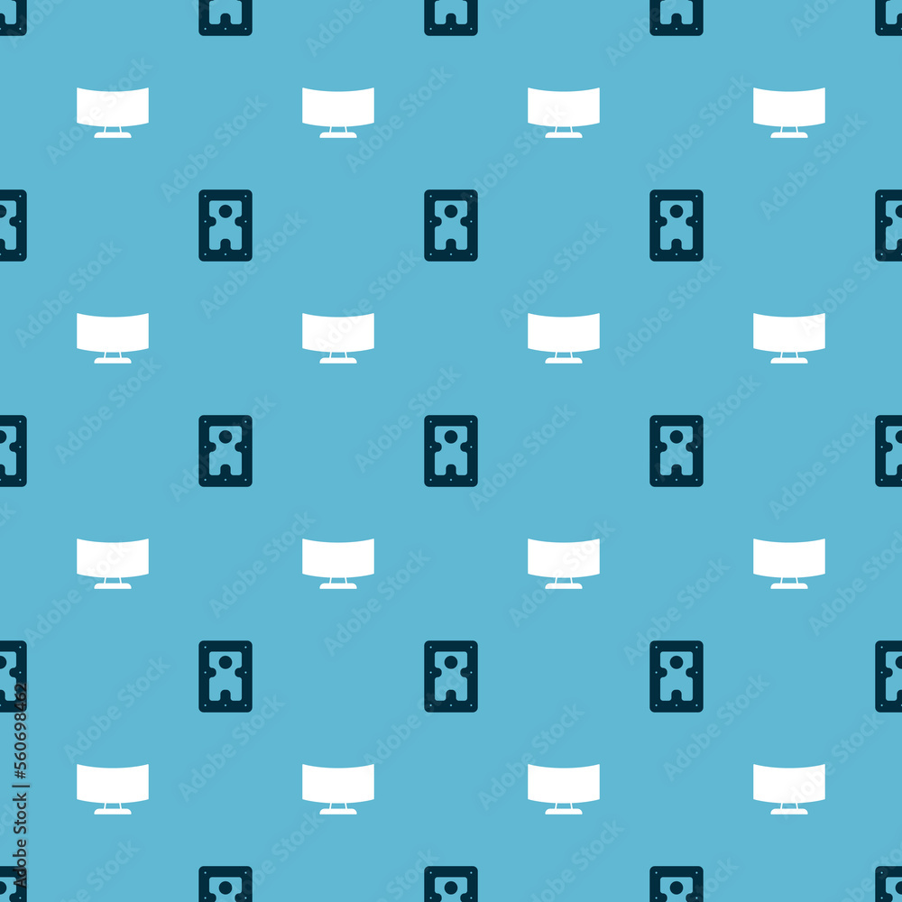 Poster set hard disk drive hdd and computer monitor screen on seamless pattern. vector