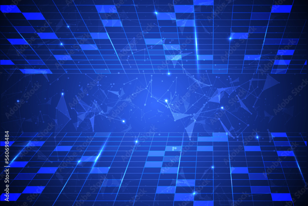 Leinwandbilder abstract blue futuristic landscape horizontal square grid with laser glow light and low poly triangl