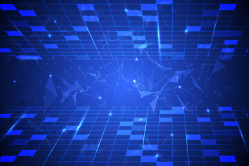 Abstract blue futuristic landscape horizontal square grid with laser glow light and low poly triangle shape vector background.