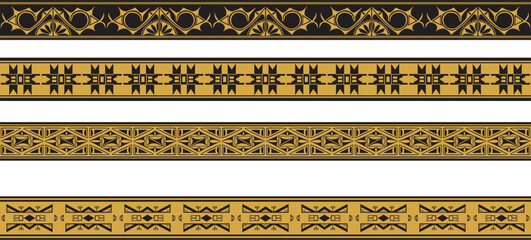 Vector set of gold and black native american ornamental seamless borders. Framework of the peoples of America, Aztecs, Maya, Incas..
