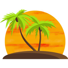 An island with a palm tree. Orange sunset. Mixed media. Background, wallpaper. Illustration