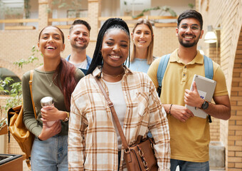 Group portrait, students and friends at university getting ready for learning. Education, scholarship or happy people standing together at school, campus or college bonding and preparing for studying
