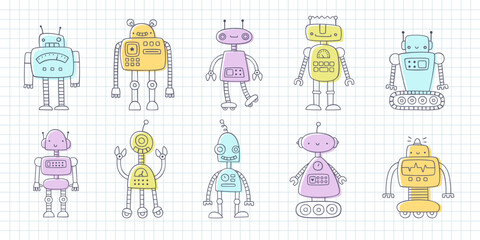 Doodle cute robots set for kids. Funny vector prints collection with hand drawn robots for children. Diverse drawn robot bundle.