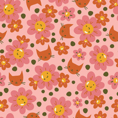 Smiling flowers and kittens childish seamless pattern