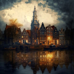 Fototapeta na wymiar The Art Of Old Amsterdam Illustration