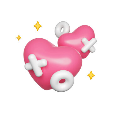 Happy Valentine's Day. Romantic creative composition. 3d festive decorative objects, heart shaped balloons and xo symbol whole hug. isolated on pink background. clipping path. 3d render illustration