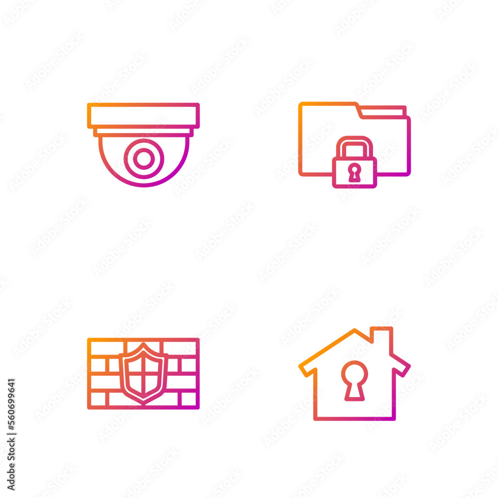 Canvas Prints Set line House under protection, Shield with brick wall, Security camera and Folder and lock. Gradient color icons. Vector