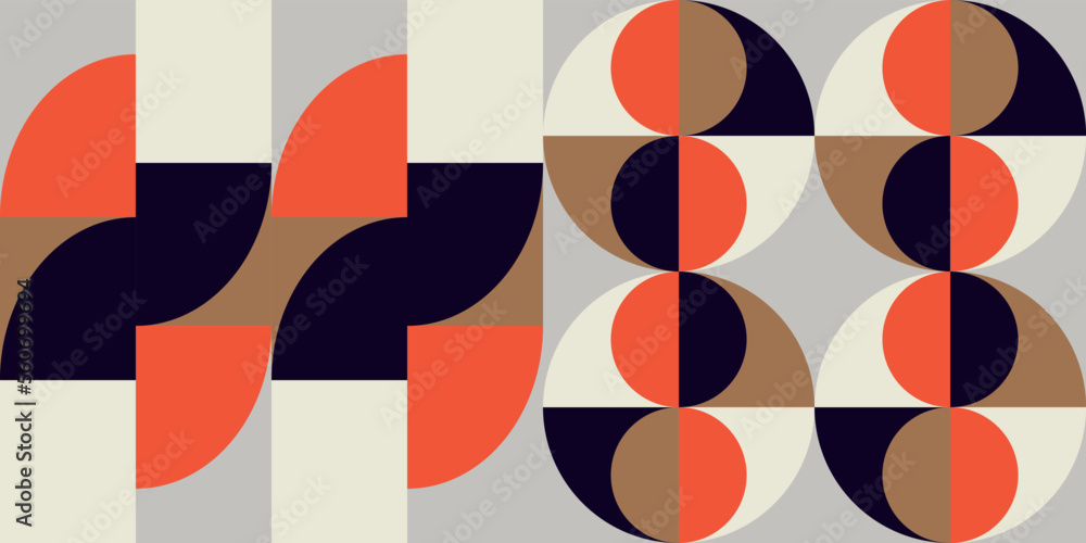 Poster Geometric abstract vector seamless pattern with circles, rectangles and squares in retro Bauhaus style. Pastel colored simple shapes graphic background.