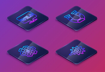 Set Isometric line Pointer to wild west, Revolver cylinder, Horseshoe and Spur. Blue square button. Vector