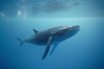 A Baby Humpback Whale Plays Near the Surface in Blue Water. generative ai