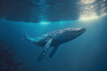 Fototapeta premium A Baby Humpback Whale Plays Near the Surface in Blue Water. generative ai