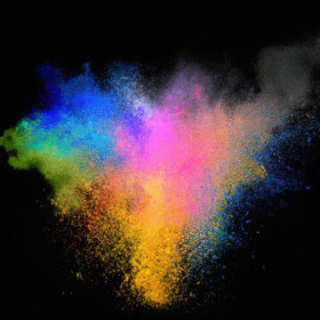 Explosion of colorful powder isolated on dark black background. Holi paint color dust explode in freeze motion. Abstract multi color party paint splash. Rainbow smoke powder texture. Generative AI art © Ilarion Ananiev