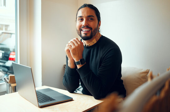 Portrait smile, startup cafe or man with laptop for social media, networking or blog content review. Manager, happy or coffee shop employee with tech for social network, research or internet app