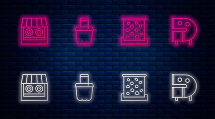 Set line Sand in bucket, Climbing wall, Shooting gallery and Kid playground slide pipe. Glowing neon icon on brick wall. Vector