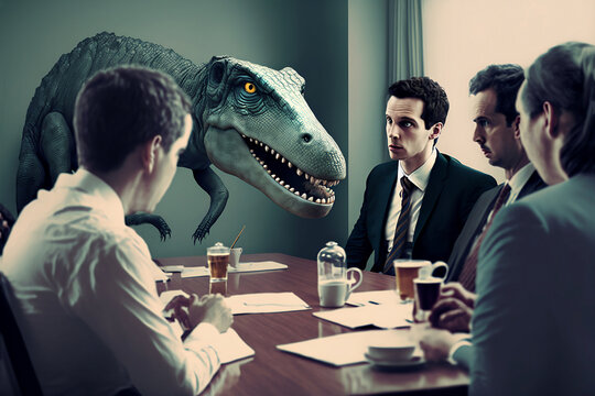 Business meeting chaired by a dinosaur. Generative AI, this image is not based on any original image, character or person.