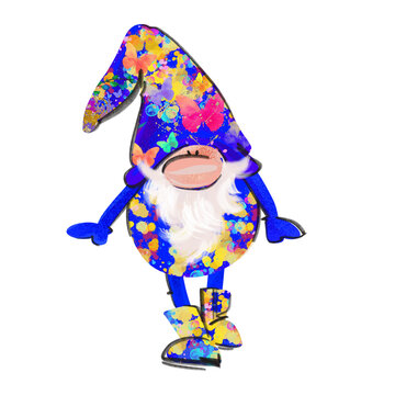 Clown, gnome, beard man. Blue costume with butterflies and splashes. Holiday cartoon.