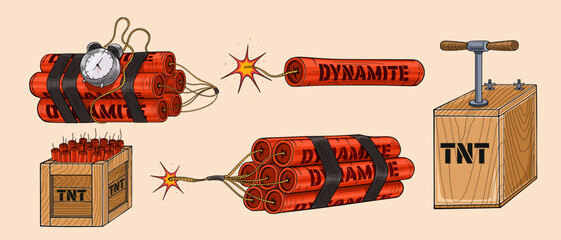 Old style dynamite set for web design.  Mining and construction concept - obrazy, fototapety, plakaty