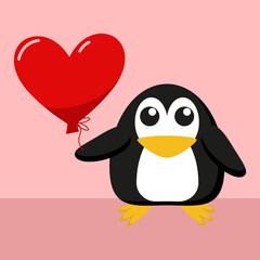 simple vector illustration cartoon penguin with red heart