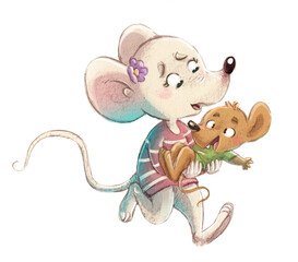 Illustration of mama mouse with baby mouse in her arm