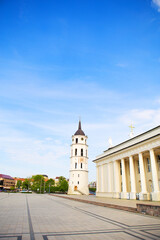 Fototapeta na wymiar View of the bell tower and the cathedral of the Basilica of St. Stanislaus and St. Vladislav. Vilnius, Lithuania
