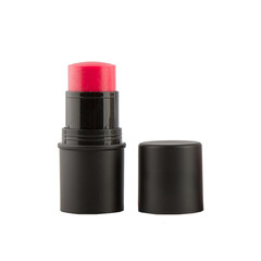 Bright cream blush in a black case on a stick on a white isolated background