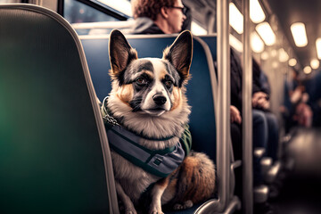 pet educated dog traveling inside public transport, way of life, coexistence, generative ai