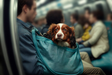 pet educated dog traveling inside public transport, way of life, coexistence, generative ai