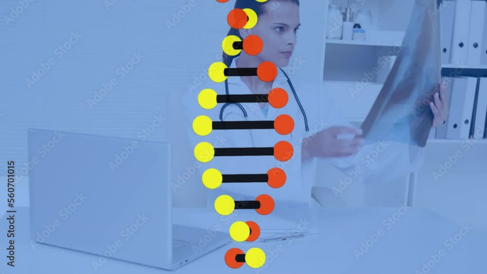 Poster animation of dna strand over graph with arrow and purple lines