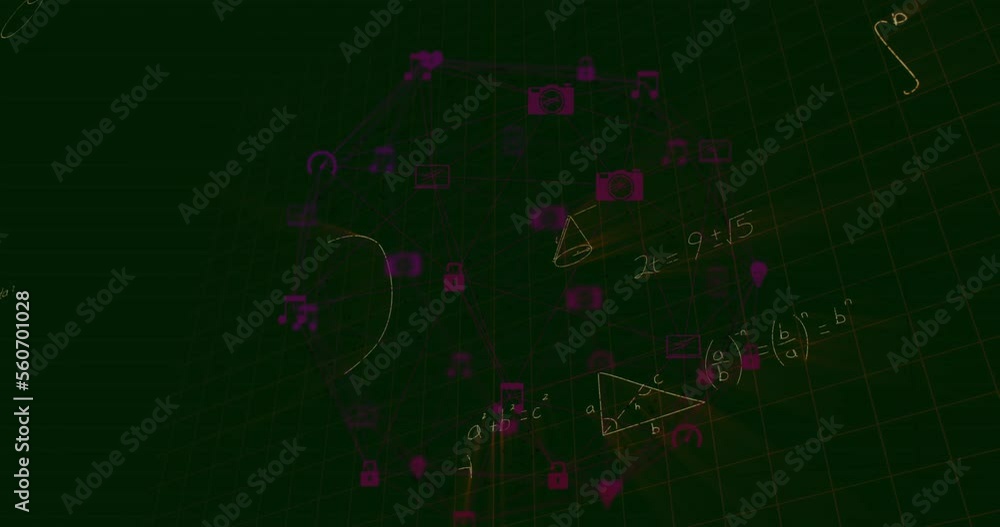 Poster animation of data processing and mathematical equations on black background