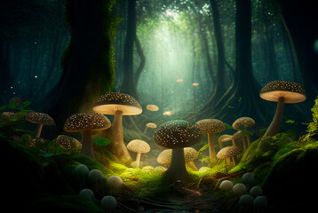 illustration of fantasy magic forest, with glowing and illuminated magic mushrooms, fairy tale, generative ai