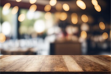 Wooden board empty table in front of coffee shop, ai generated