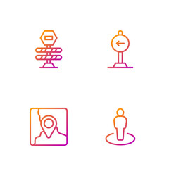 Set line Location with person, Folded map location marker, Road barrier and Traffic sign turn left. Gradient color icons. Vector