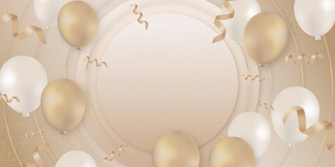 Fototapeta na wymiar luxury gold balloon and confetti ribbon background template for woman's day. sale banner for mouther's day.