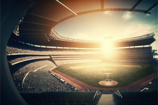Professional baseball grand arena in sunlight, ai generated