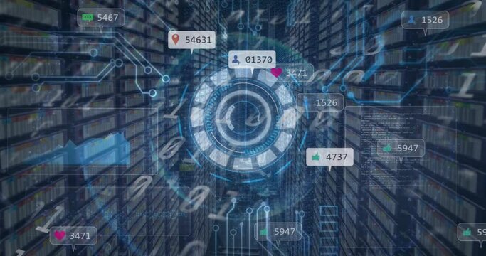 The animation shows a scope scanning and data processing over computer servers