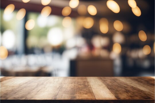 Wooden board empty table in front of coffee shop, ai generated