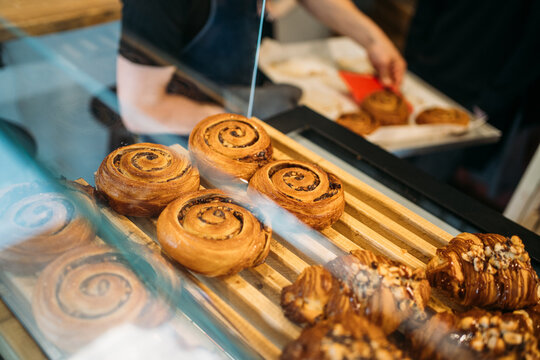 Bakery showcase with fresh pastry