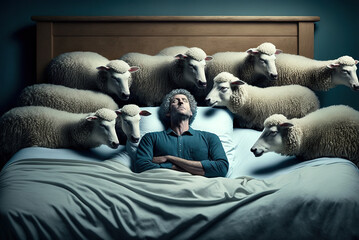 Schafe zählen im Halbschlaf - Generative AI - obrazy, fototapety, plakaty