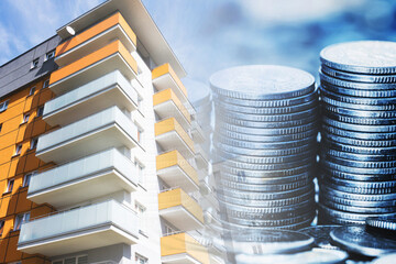 Apartments for sale. Brand new flat. Buying new home. Condo price background. High block of flats...