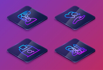 Set Isometric line Female opinion, vote right, Heart with female gender and Money growth woman. Blue square button. Vector