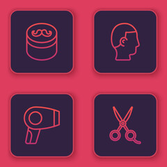 Set line Gel or wax for hair styling, Hair dryer, Hairstyle men and Scissors hairdresser. Blue square button. Vector