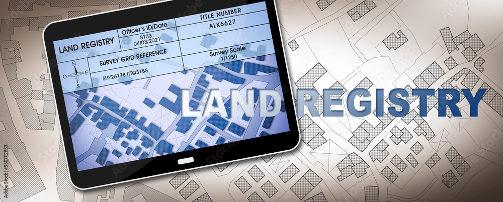 Poster land registry concept image with an imaginary cadastral map of territory - property tax on buildings