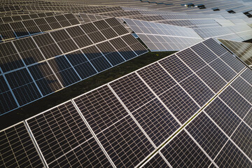 Aerial view of photovoltaic solar panels and large solar farm in Maine