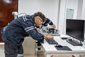 Obraz premium Engineer stand in robot fabrication room quality checking electronic control board engineering